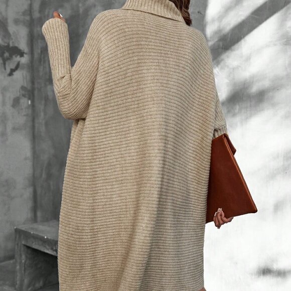Khaki Casual Womens Turtleneck Batwing Sleeve Sweater Dress - Picture 2 of 5
